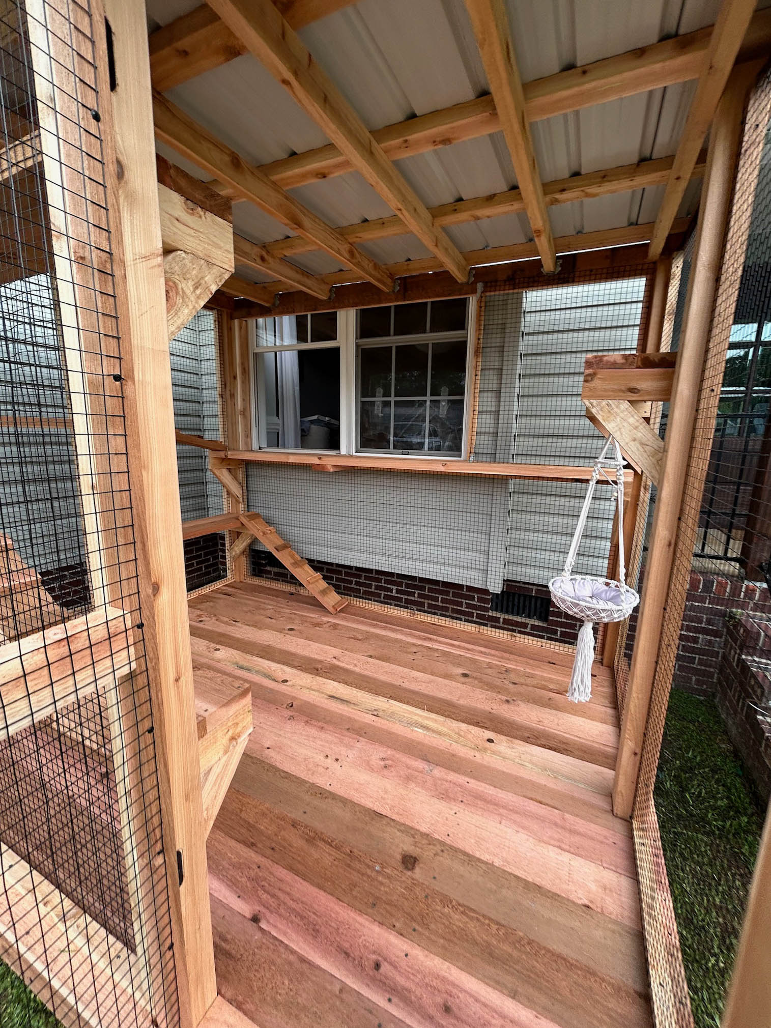 Inside view of a custom catio showing an open window access point, wood flooring, climbing ramps, and a hanging macrame cat bed.