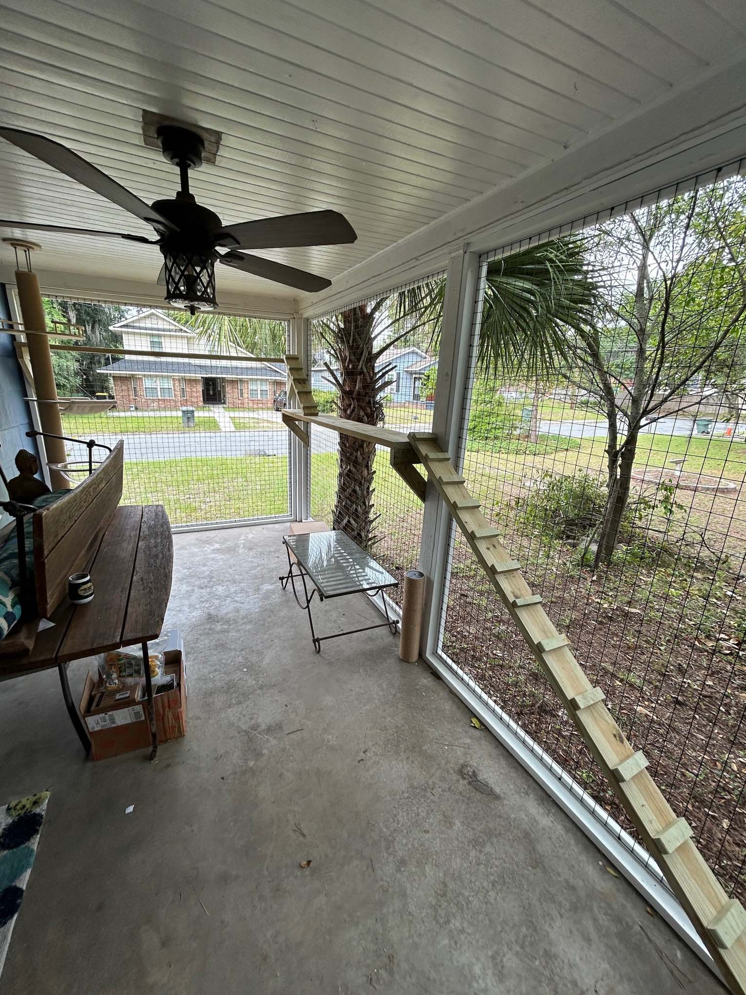 Screened porch interior with a wooden cat ramp leading to an outdoor catio, ceiling fan above, and casual seating area with a bench and table.