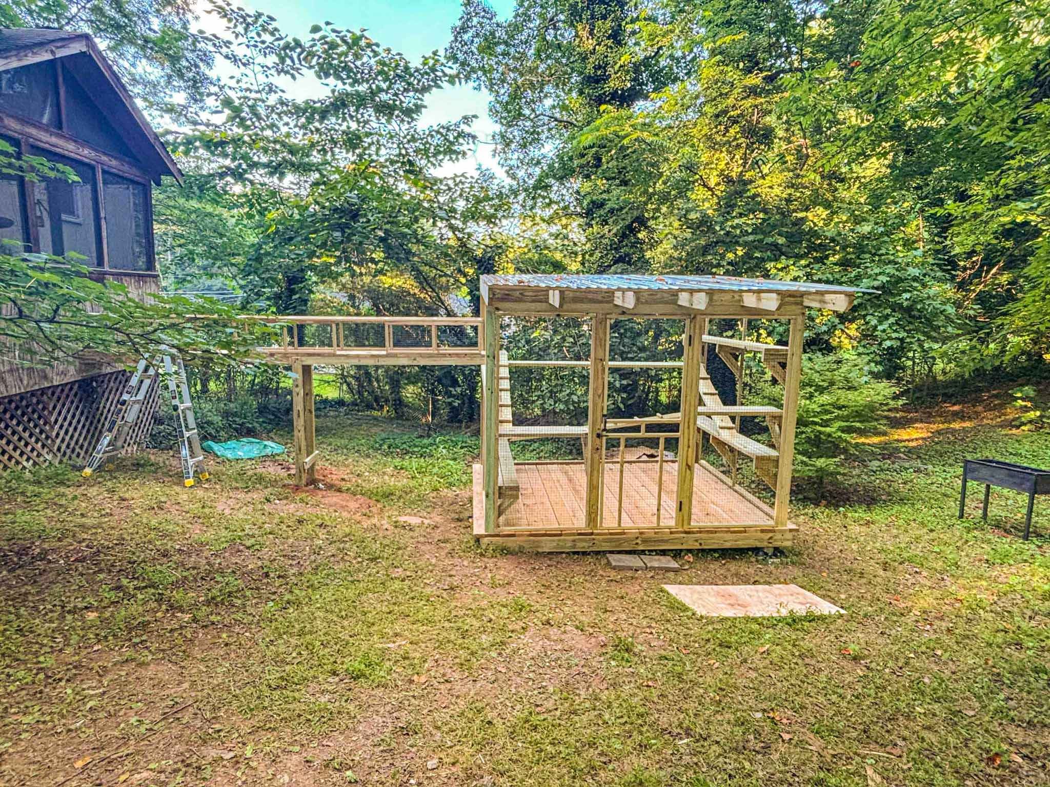Front view of a custom catio with tunnel leading from the house and open interior platform layout.