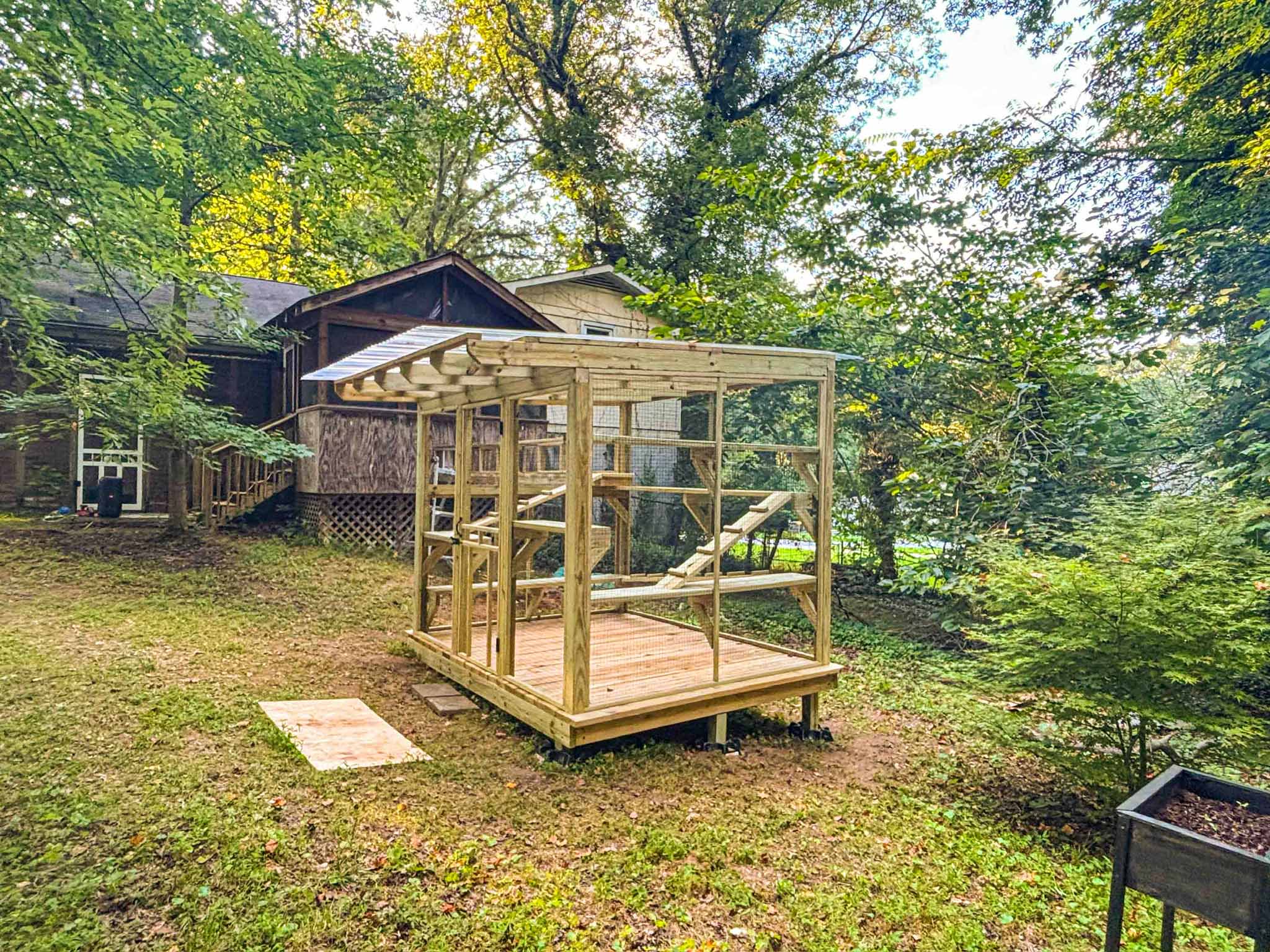 Wood-framed outdoor catio with clear roof and staggered shelves, nestled in a shaded backyard.