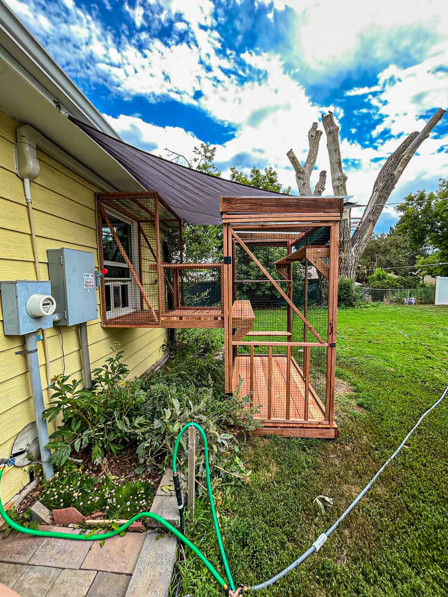 Custom wooden catio with mesh walls attached to a yellow house, featuring a shaded awning and an enclosed ramp leading to a grassy backyard.