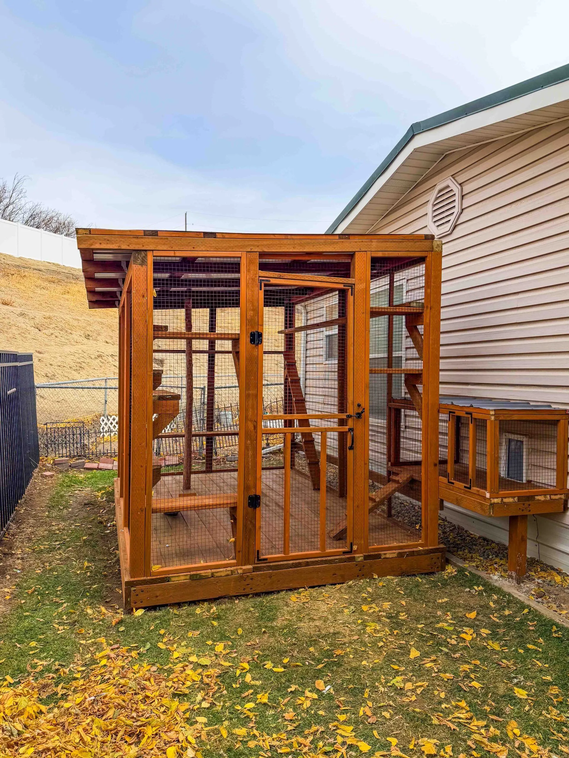 Wide exterior shot of custom catio attached to home with access tunnel and enclosed outdoor space.