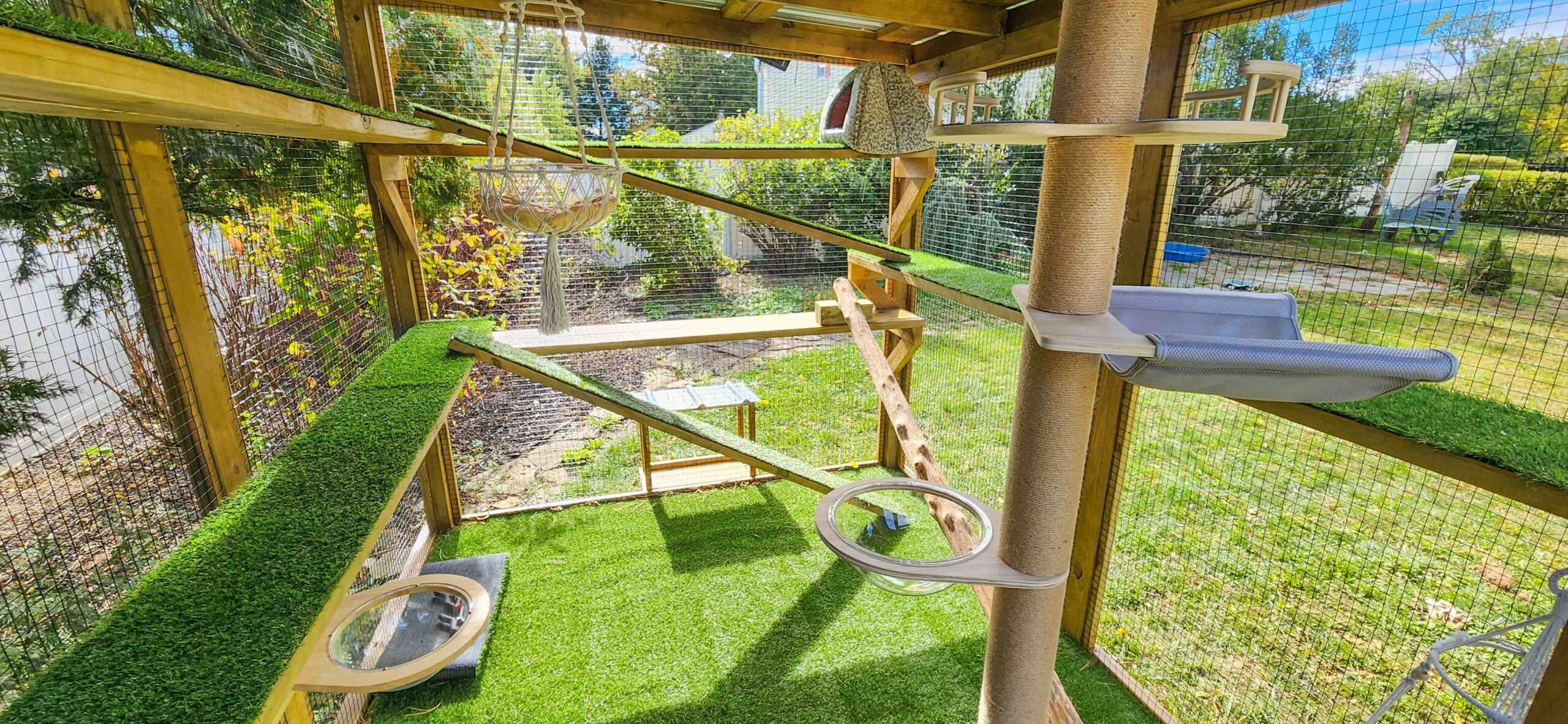 Interior view of custom catio showing multiple climbing ramps, hanging hammock, and clear bubble perches for cats.