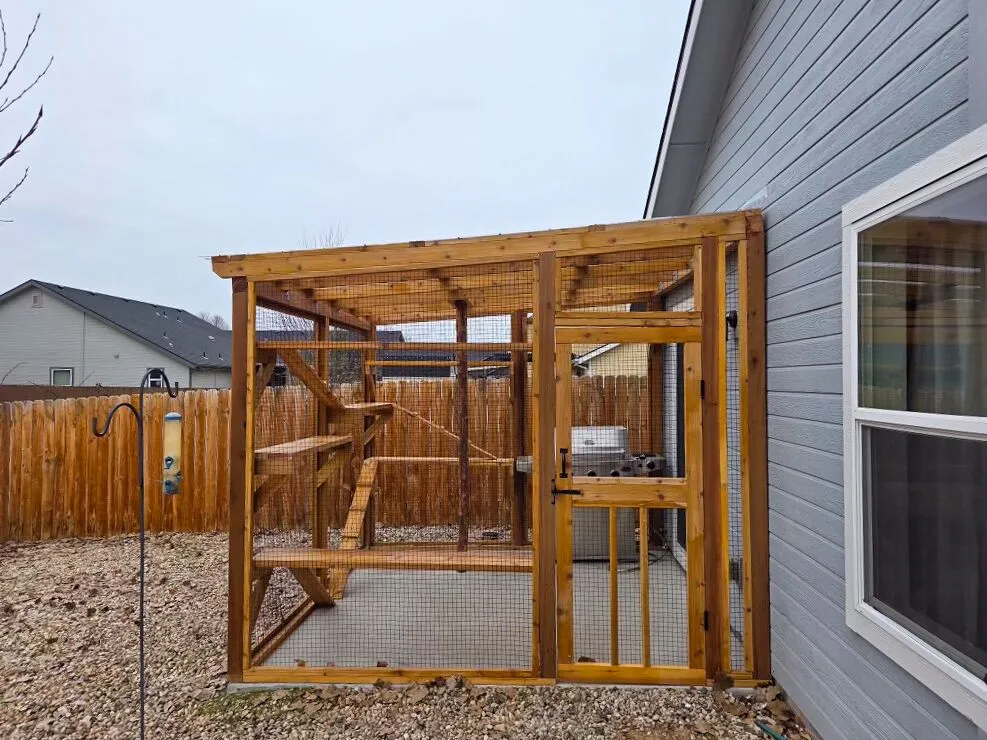 Side view of catio showing door, mesh walls, and sturdy cedar structure.