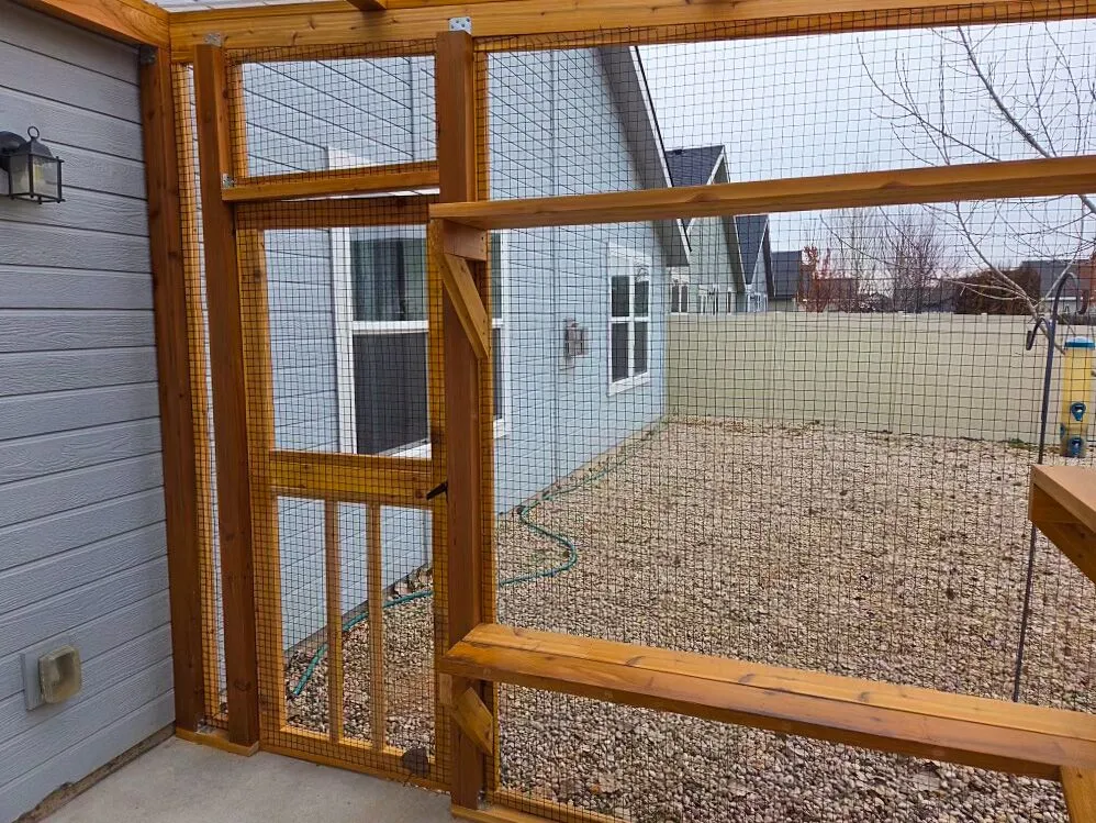 Entrance door of catio with mesh panels and sturdy frame beside gray home siding.