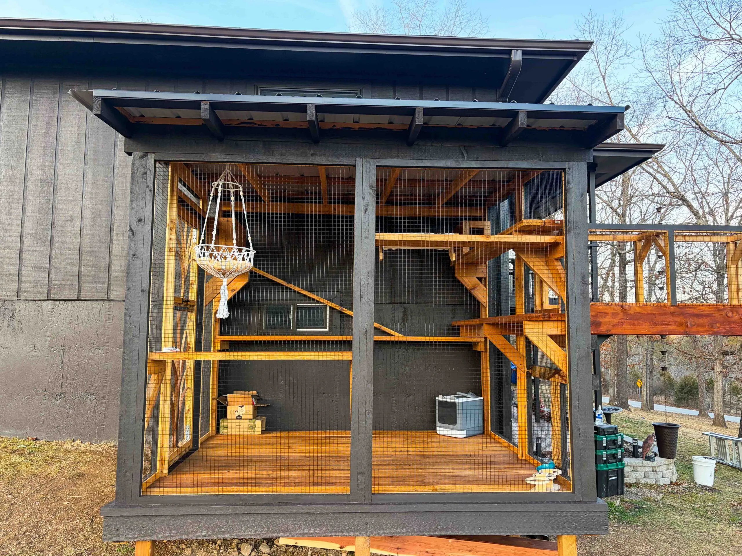 Front-facing view of a spacious rectangular wooden catio enclosure with mesh panels, cedar interior framing, multi-level platforms, and a hanging macramé cat hammock.
