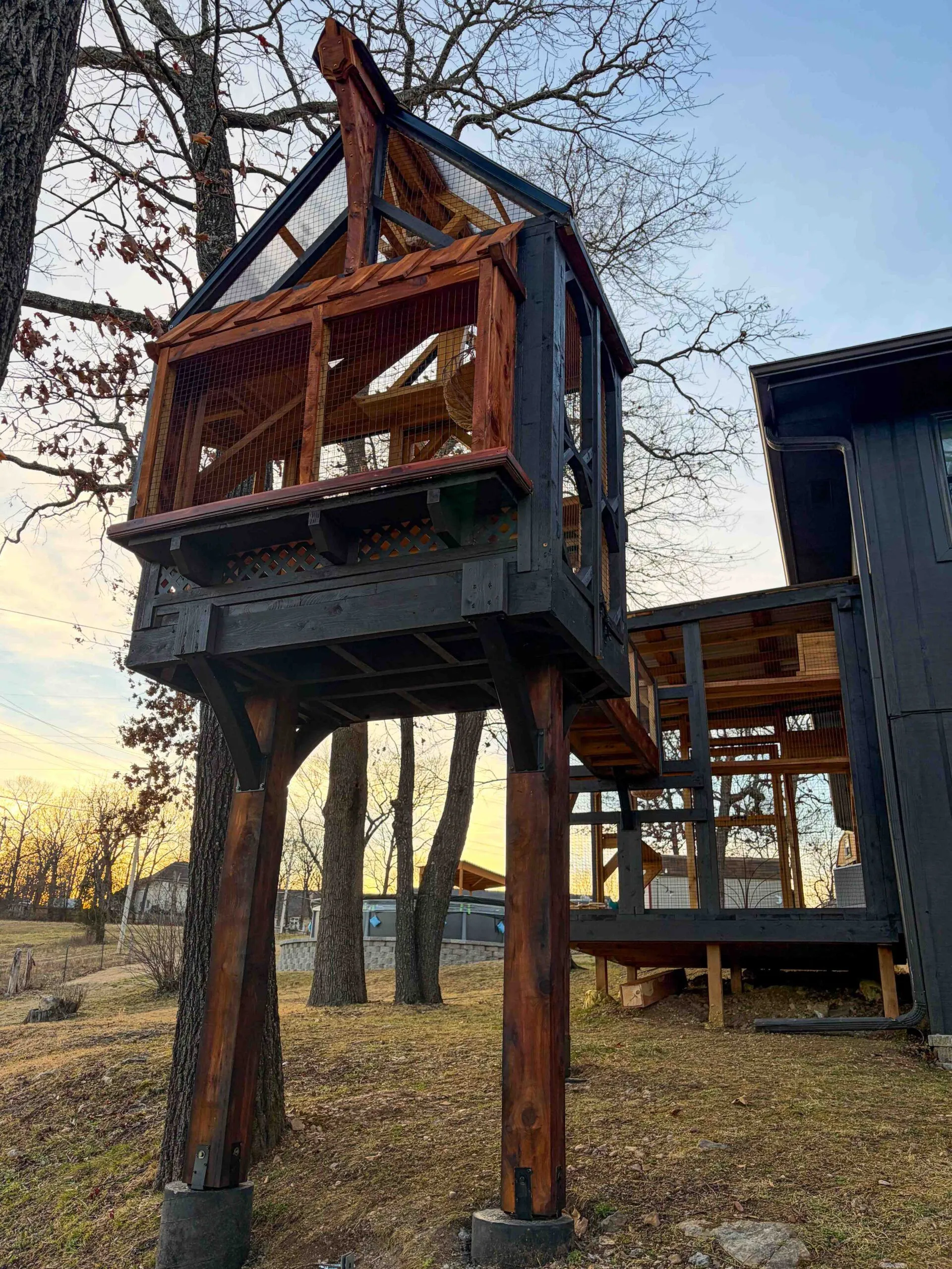 Front-facing view of a tall elevated catio tower with a peaked roof, cedar framing, mesh walls, and heavy support beams rising from the ground beside a wooded hillside at sunset.