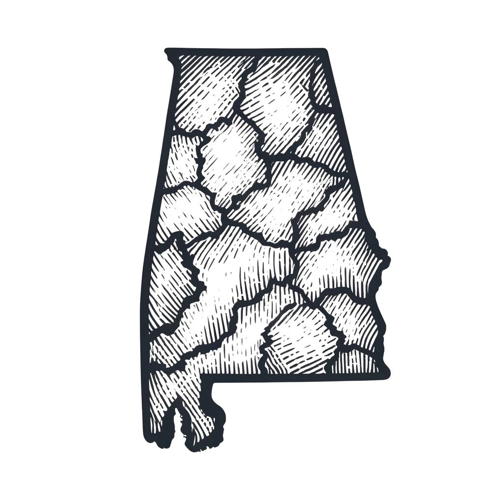 A hand-drawn outline of the state of Alabama on a white background. The shape is irregular with a combination of straight and curved borders.