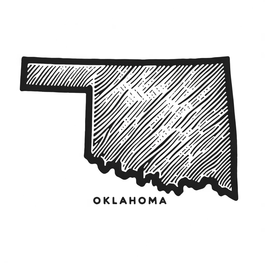 A hand-drawn outline of the state of Oklahoma on a white background. The outline is simple, clean, and drawn in a dark color to clearly define the shape of Oklahoma