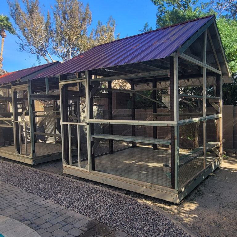 Double-section catio with pitched roof, mesh walls, and multiple platforms, set alongside brick and gravel paths.