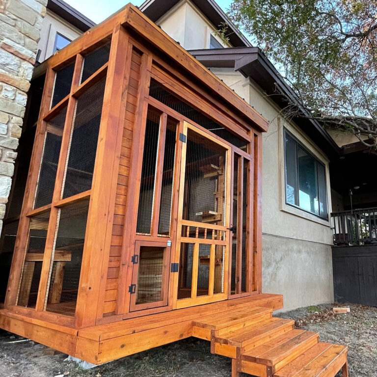 Tall wooden catio with stairs, full mesh panels, and pet door access, attached to modern home exterior.