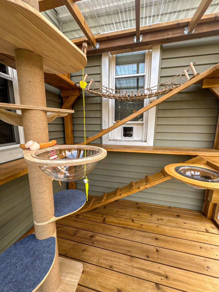 Custom-built catio in Akron, OH featuring a rope bridge, clear bubble loungers, climbing ramps, and a sisal-wrapped cat tree.