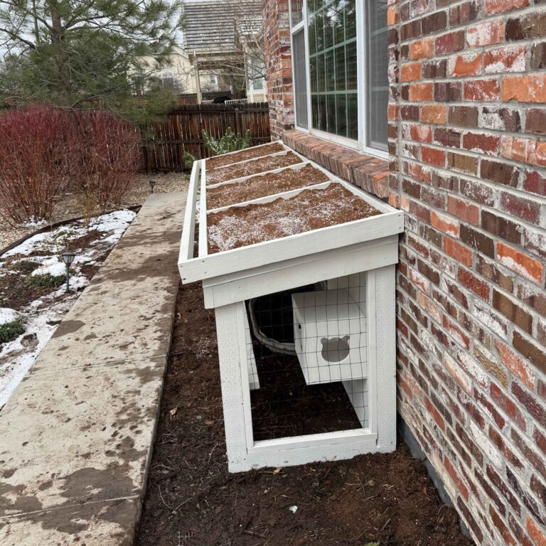 Side view of a small white catio with a slanted soil-covered roof, mesh panels, and a built-in cat door connected to a brick house.