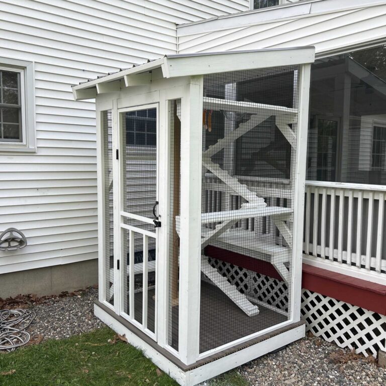 Compact white-painted catio attached to a house exterior, featuring multiple angled ramps and platforms inside a fully enclosed vertical structure with mesh walls and a clear roof.