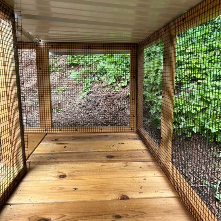 Interior view of a custom wooden catio tunnel with mesh siding and a white roof