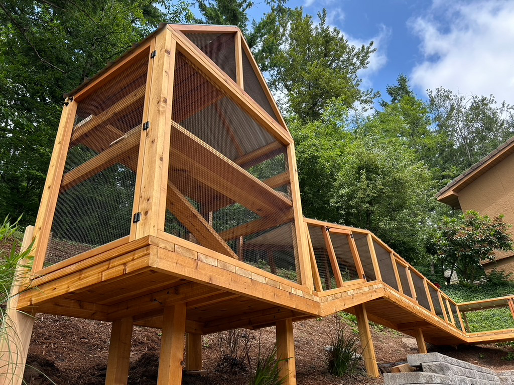 Expansive catio system with a tall tower and a long, elevated tunnel connecting to a house on a wooded hillside.