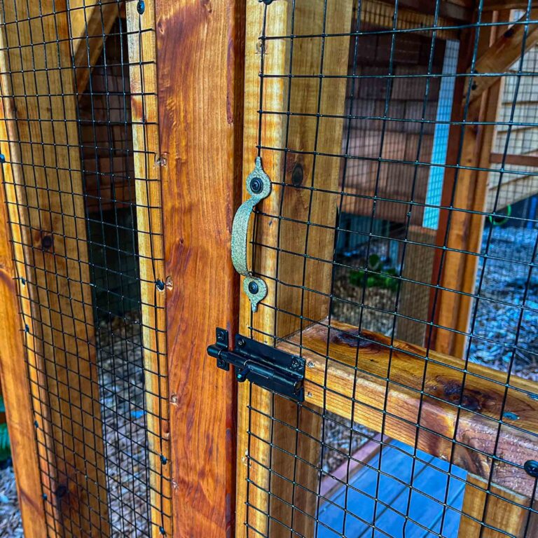 Close-up of a catio door handle and latch