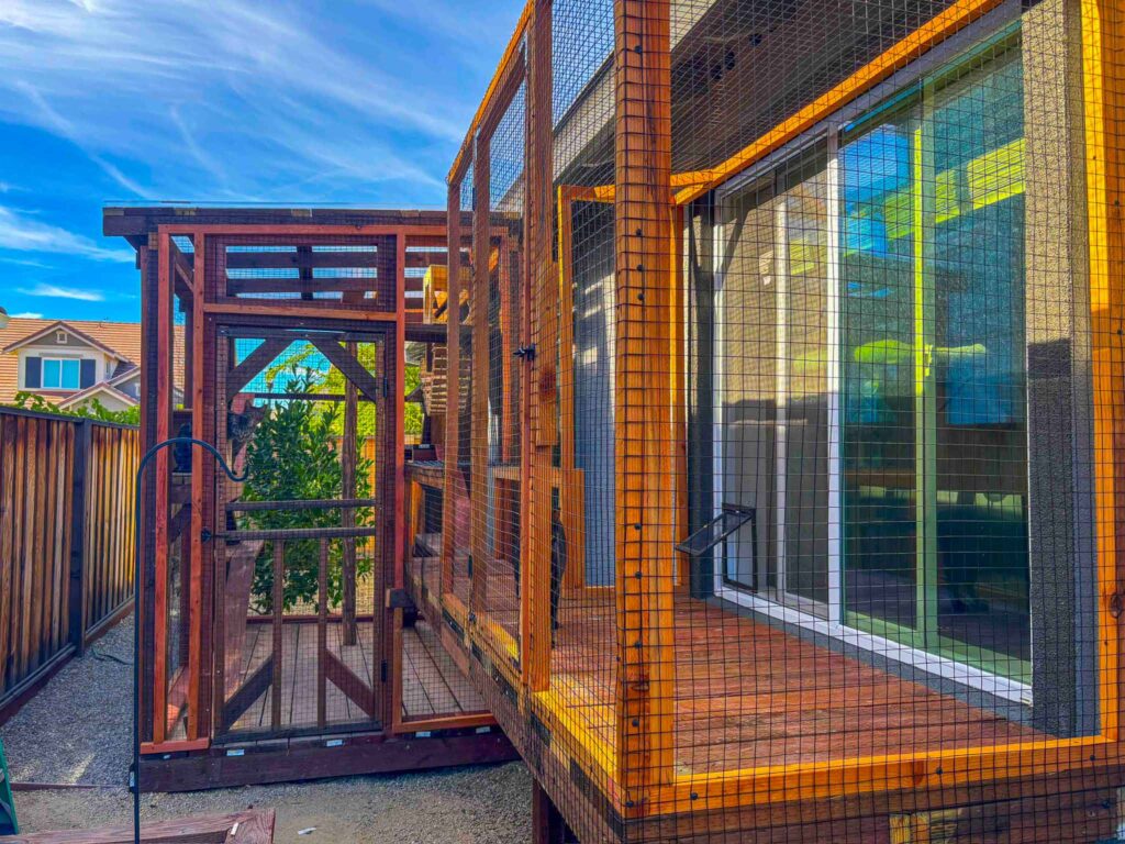 Large wooden catio connected to a house via a mesh-enclosed tunnel, featuring a spacious main enclosure with a wooden door and elevated sections.