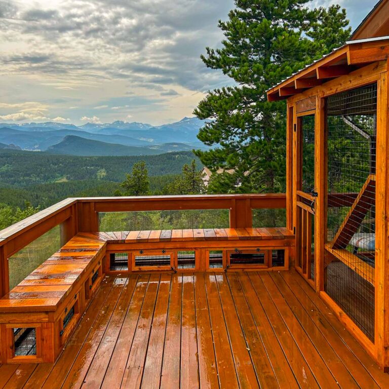 Wooden catio enclosure built on a deck with stunning mountain views, featuring mesh walls and a ramp inside for cats.