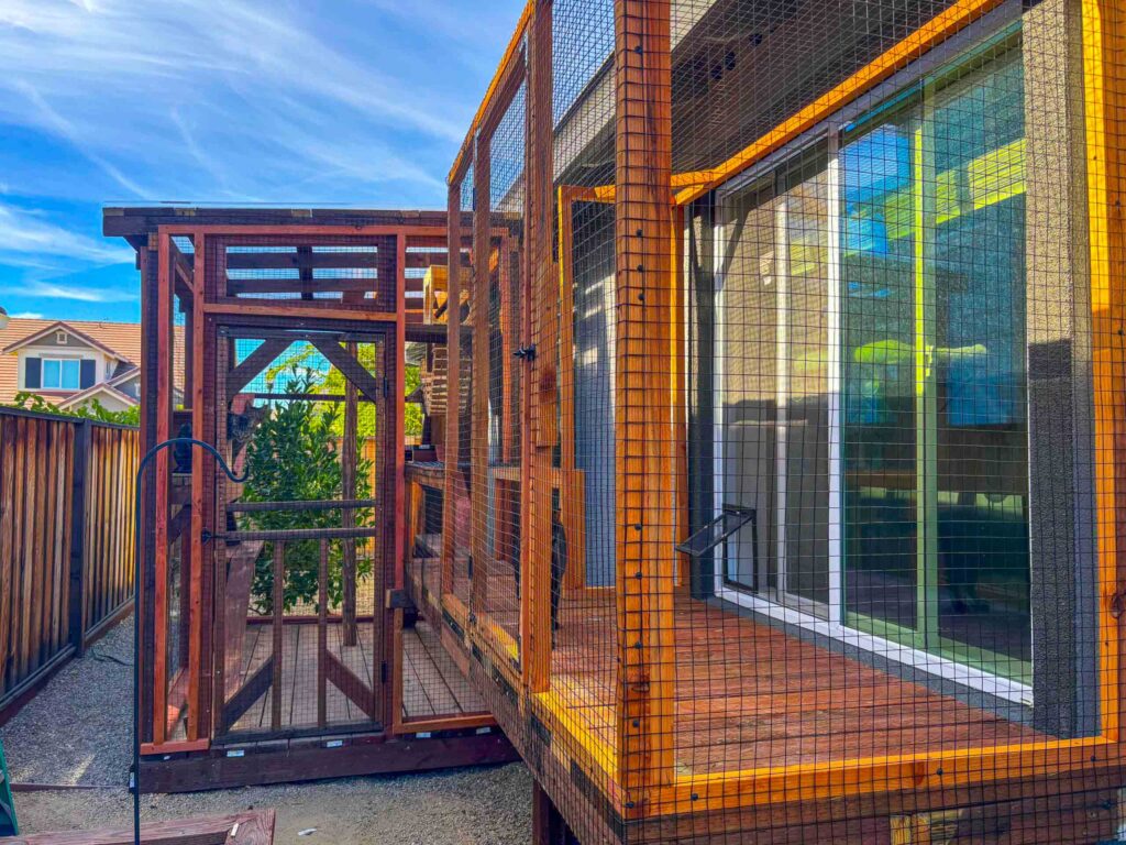 Large wooden custom catio in Escondido, CA, attached to a house with a secure tunnel and mesh enclosure.