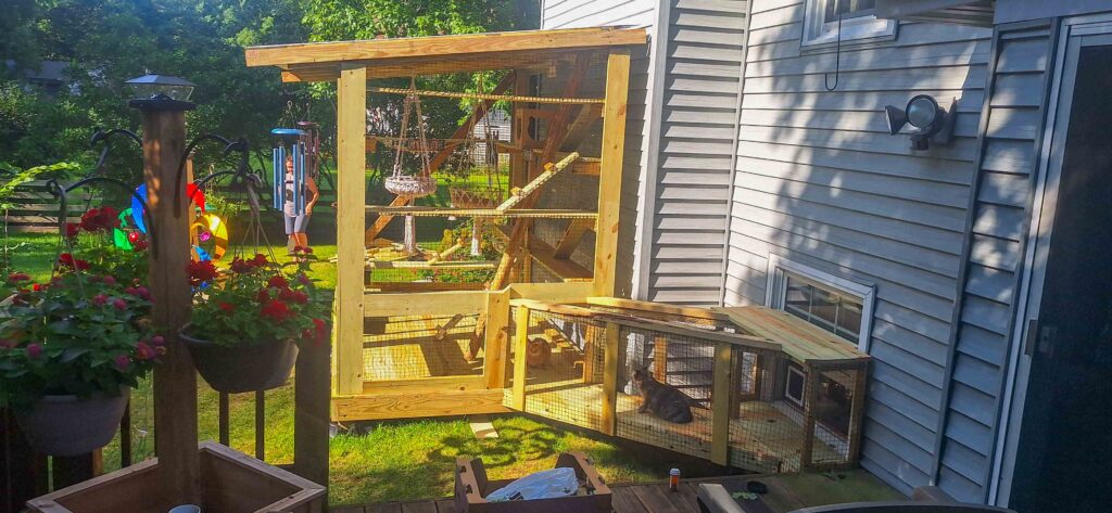 Outdoor custom-built catio attached to a home in Rockton, Illinois, with multiple levels and a tunnel leading from a window.