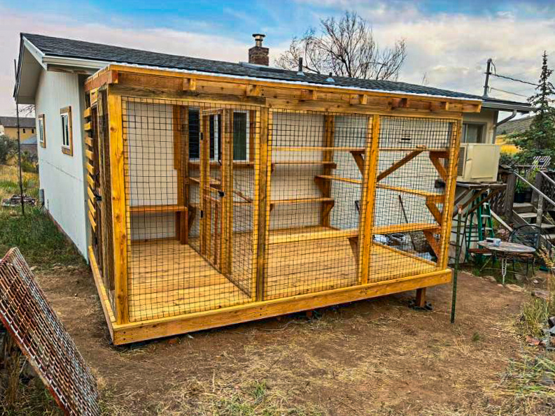 Exterior of a custom cedar catio attached to a home in Fort Collins, CO, with mesh walls and multiple shelves.