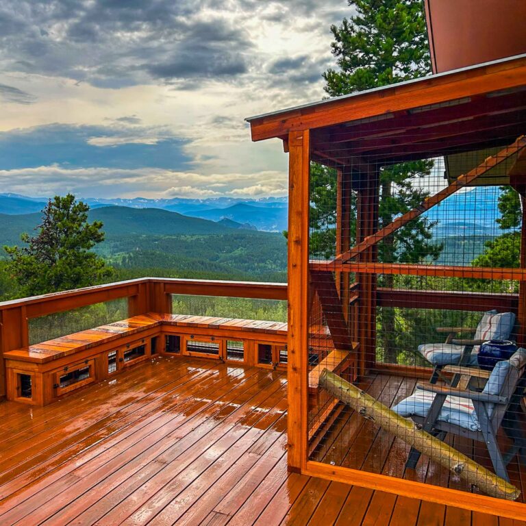 Catio built on a mountain deck with seating inside and panoramic forest views.