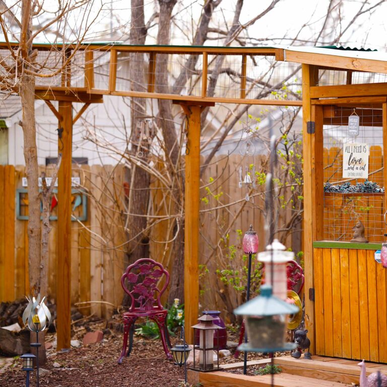 Light wooden catio with an elevated mesh tunnel extending into a garden with decorative chairs and bird feeders.
