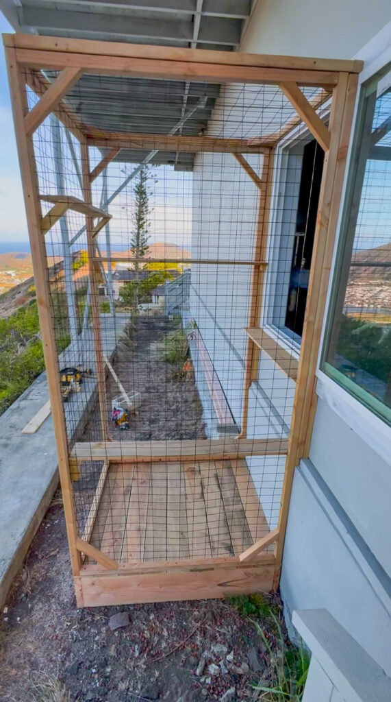 Empty wooden catio structure with wire mesh and multiple climbing levels built against a home in Honolulu, Hawaii.