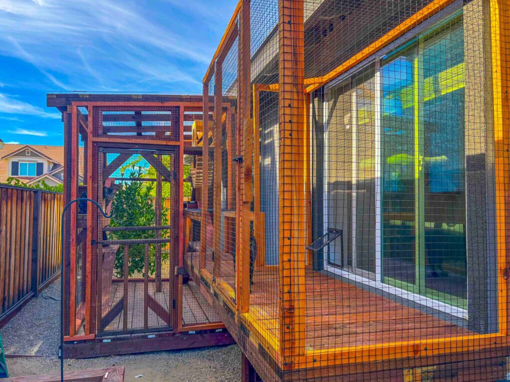Outdoor custom catio with wooden frame and mesh walls attached to a house with sliding glass doors
