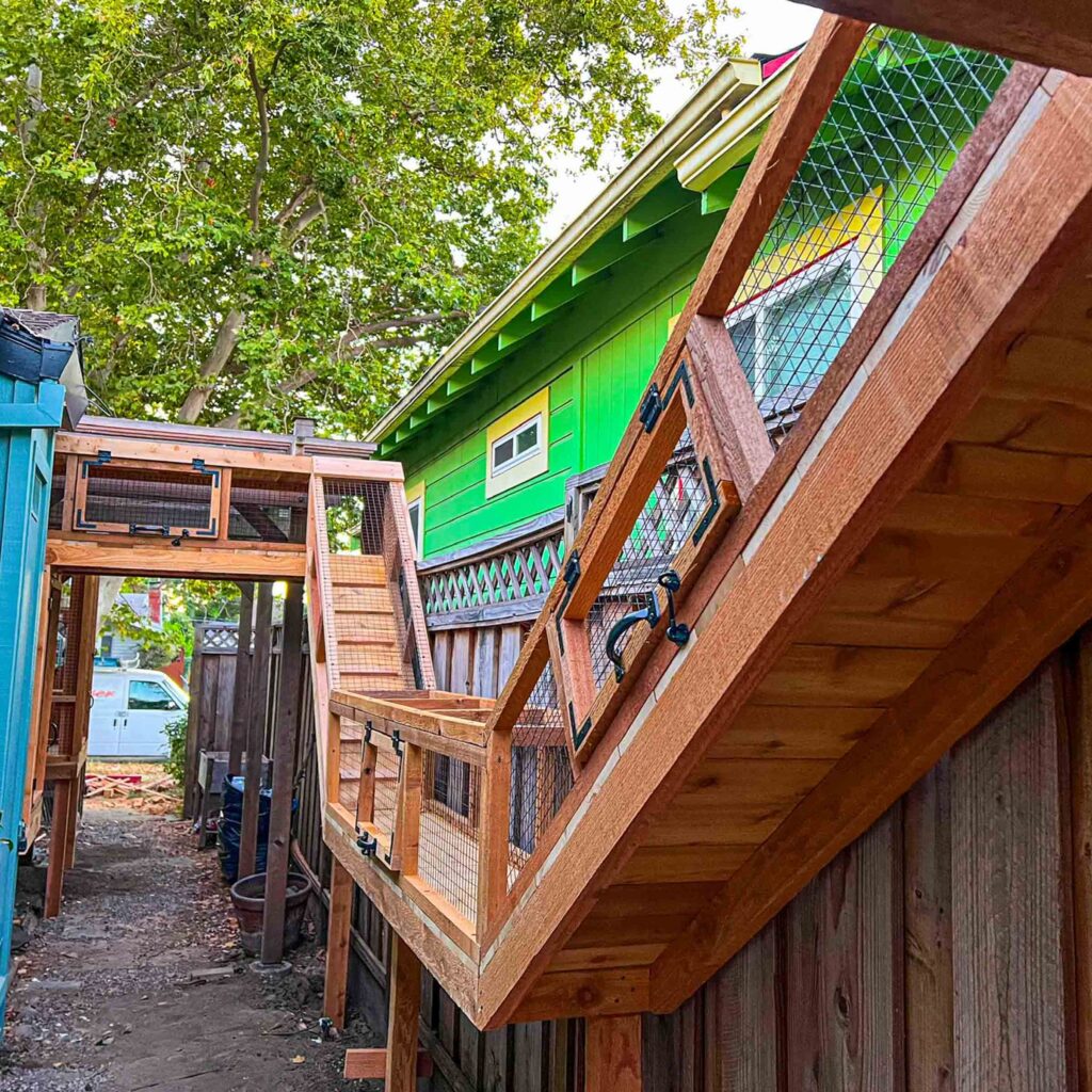 Wooden catio tunnel and bridge system built along a fence