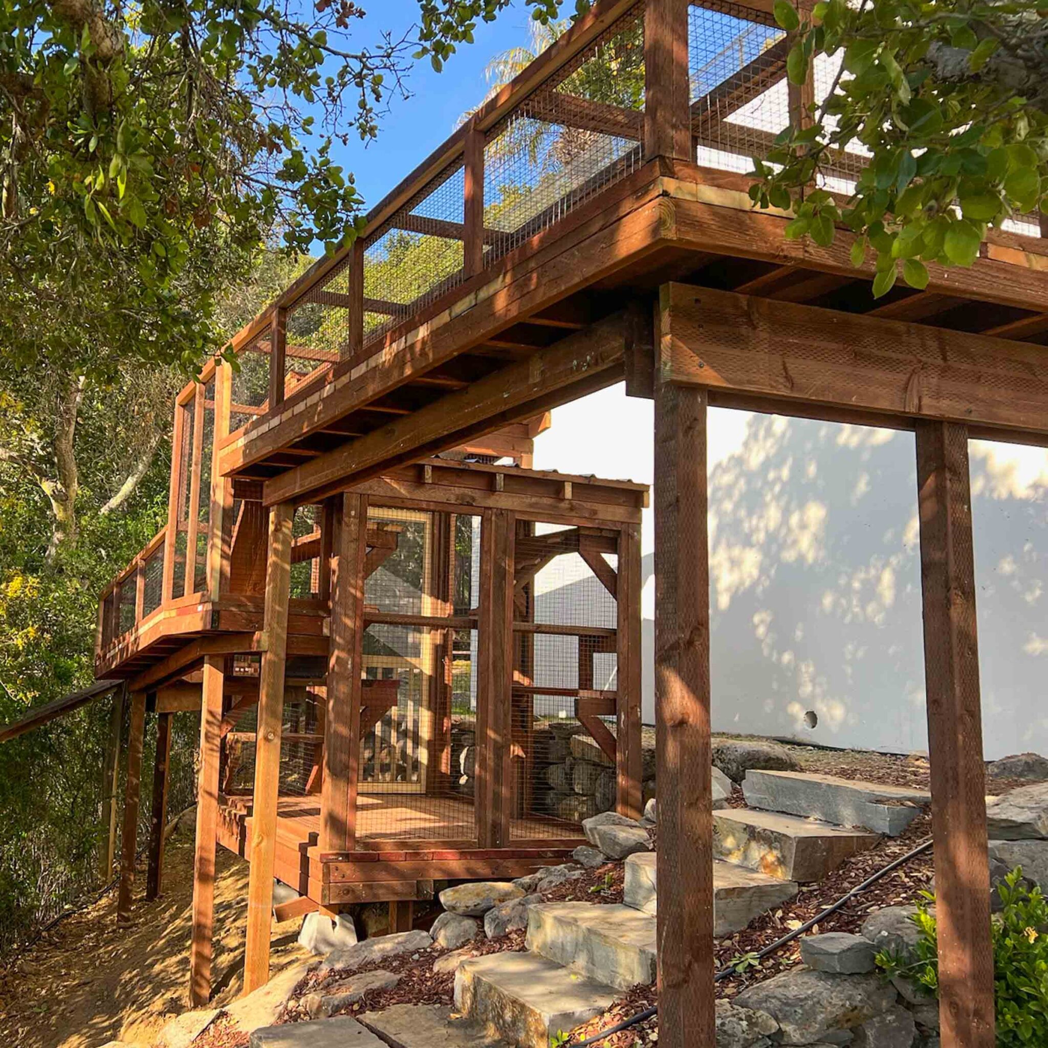 A large wooden catio with mesh walls built into a hillside, featuring an elevated tunnel walkway above stone steps.