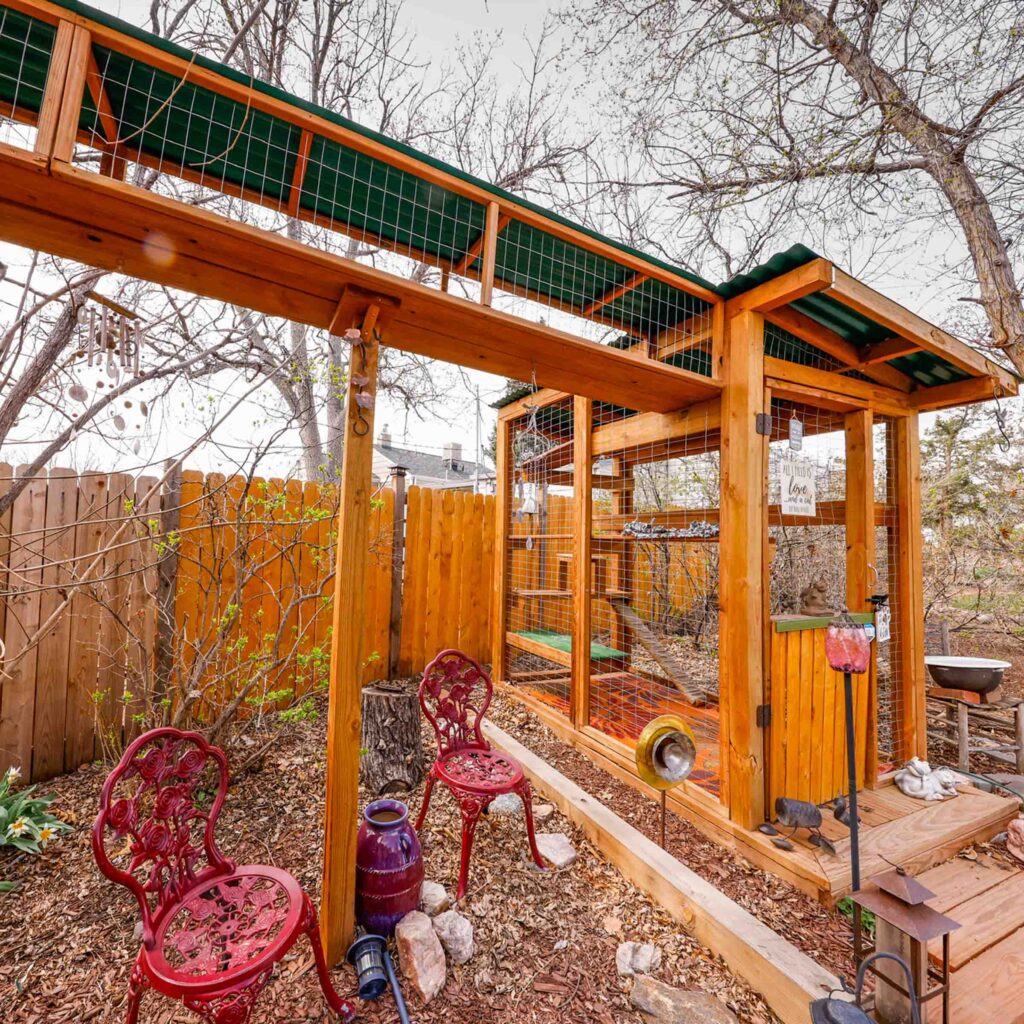 Custom catio with covered tunnel and open outdoor lounging space