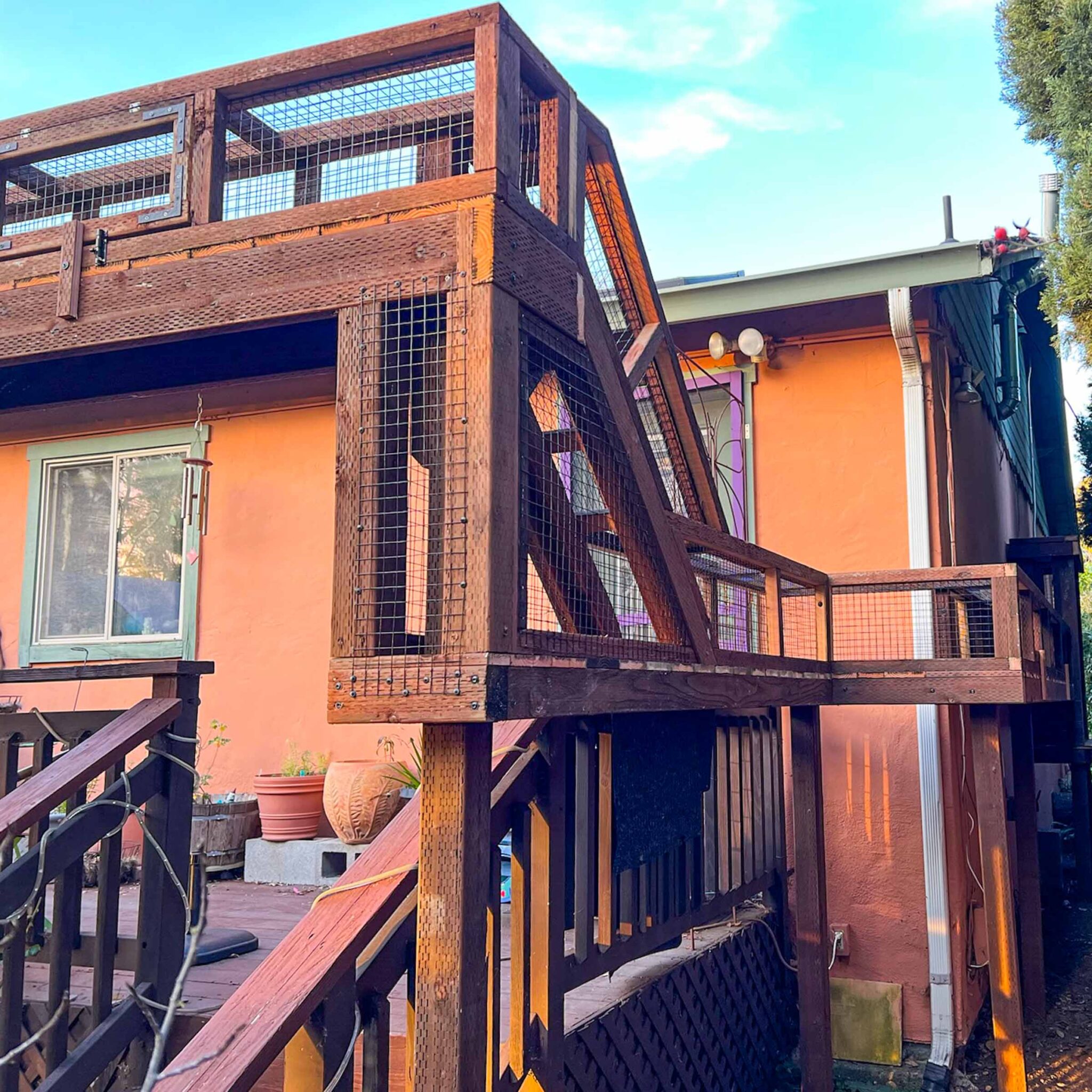 A tall wooden catio with ramps and elevated tunnels attached to the side of a peach-colored house.