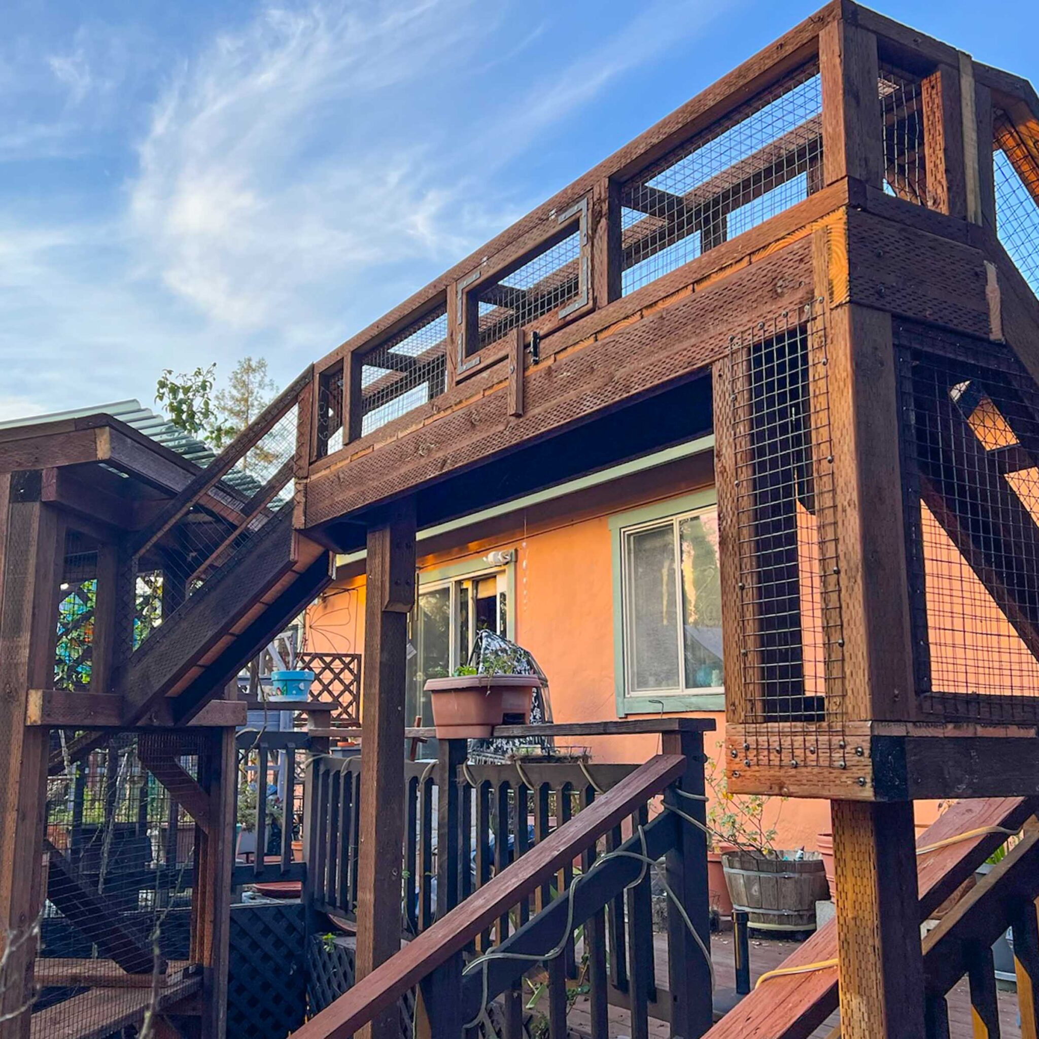 A long catio tunnel runs above a home’s deck railing, connecting to a large mesh enclosure.