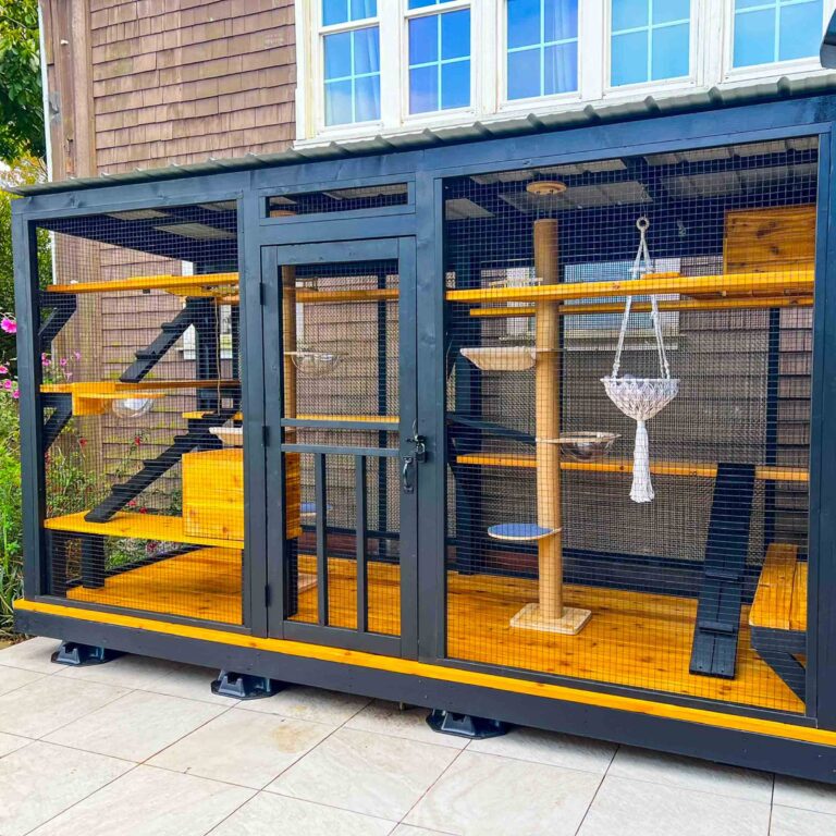 Front view of a spacious custom-built catio in San Francisco with multiple wooden platforms, ramps, and a hanging macrame hammock for cats to enjoy.