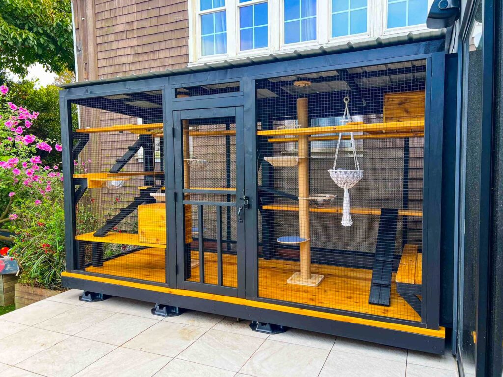Custom outdoor catio attached to a home in Cottage Lake, WA, featuring a modern black frame with yellow wood accents, multiple climbing shelves, ramps, and lounging hammocks for cats.