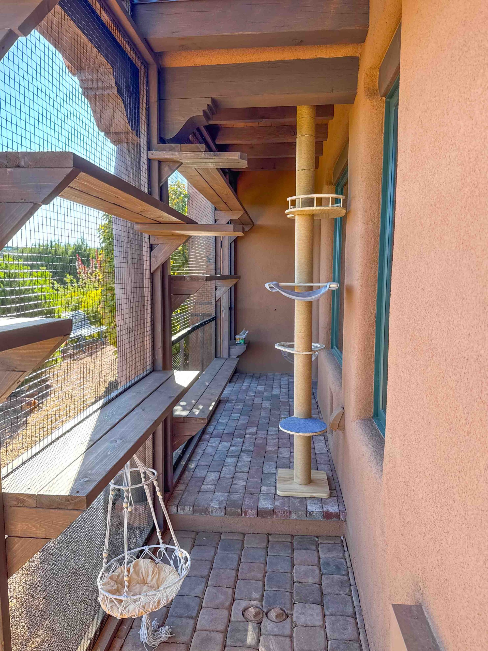 Cozy catio built with stained cedar shelves, cat tower, and hanging hammock bed.