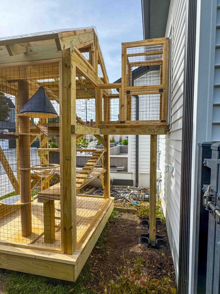Side view of a custom catio with a raised tunnel leading to the house, made from wood and wire mesh.