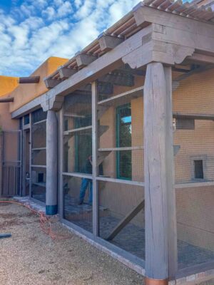 Exterior of a large stained cedar catio attached to a home with a pergola-style roof.