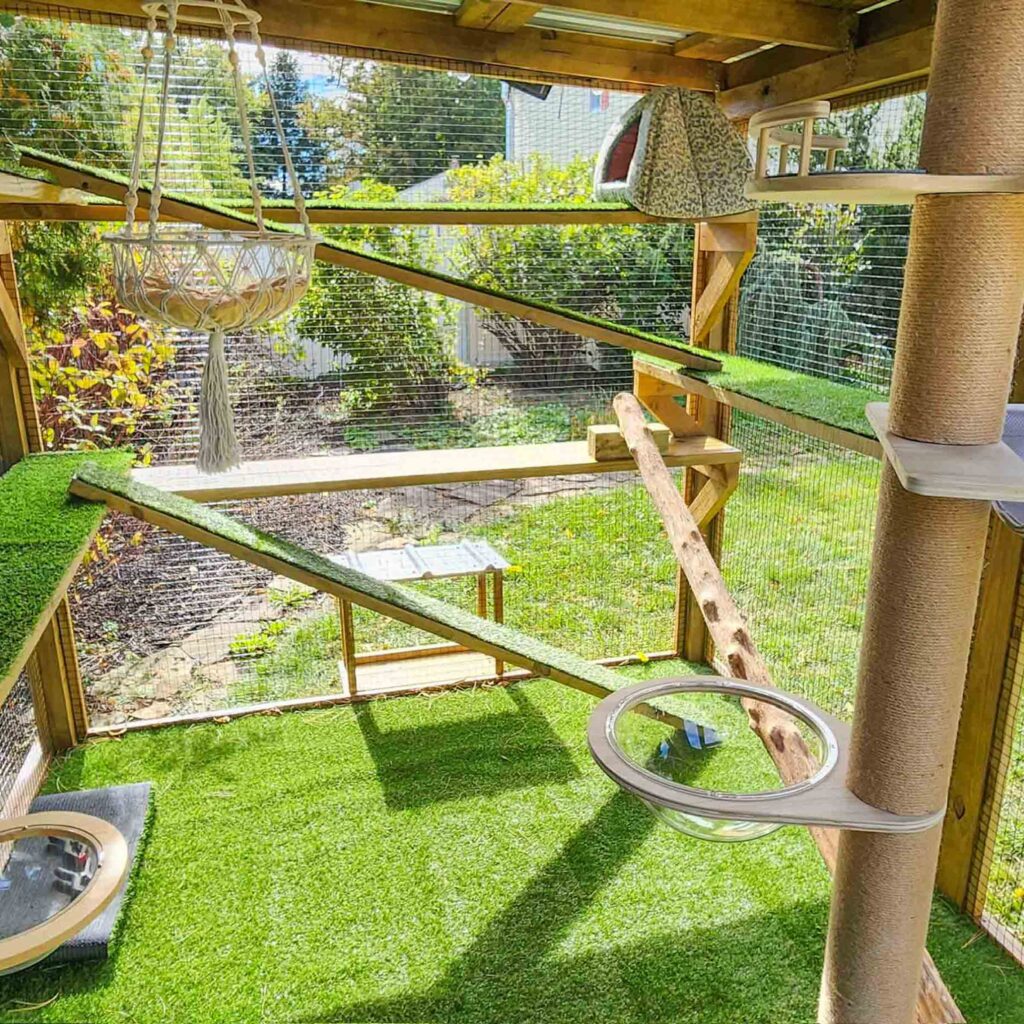 Spacious outdoor catio interior with artificial turf, ramps, hammock, and elevated platforms for cats to climb and lounge.