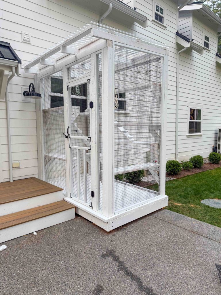 White custom-built catio attached to a modern home on Bainbridge Island, WA, featuring a screened enclosure with a secure entry door and wooden steps leading to the house.