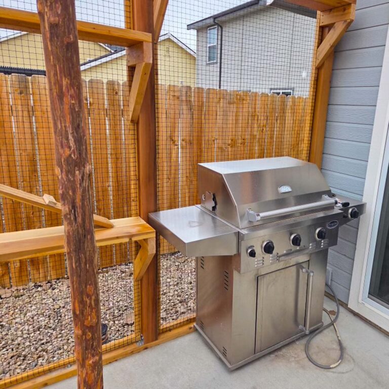 Grill placed inside a catio enclosure beside wooden shelves and mesh walls.