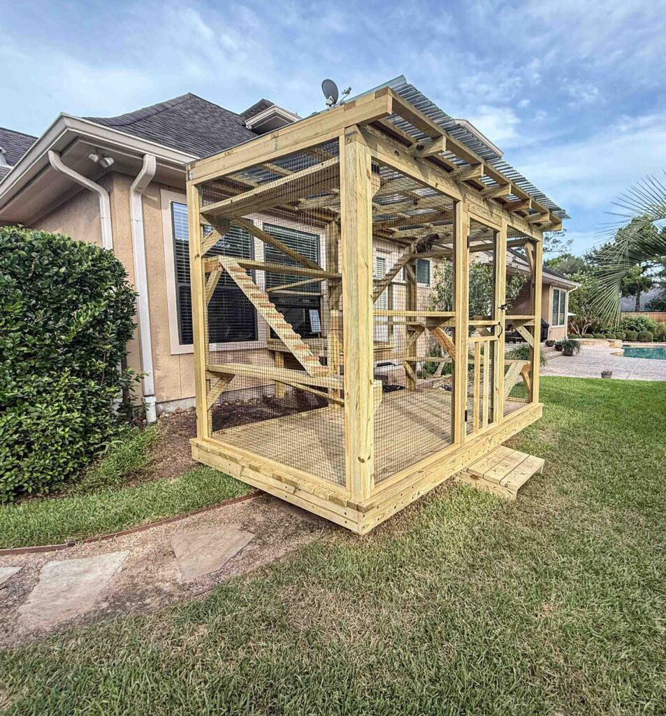 Large freestanding wooden catio with a corrugated roof and multiple interior ramps in a backyard.