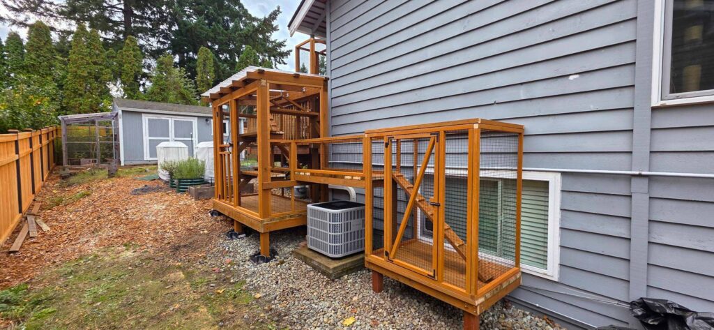 Custom wooden catio system connected to a home with an enclosed walkway and raised platforms.