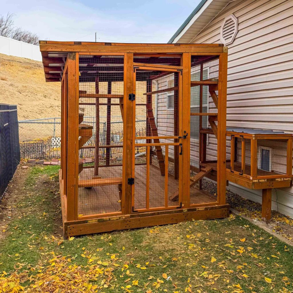 Custom wooden outdoor catio with mesh panels attached to a house.