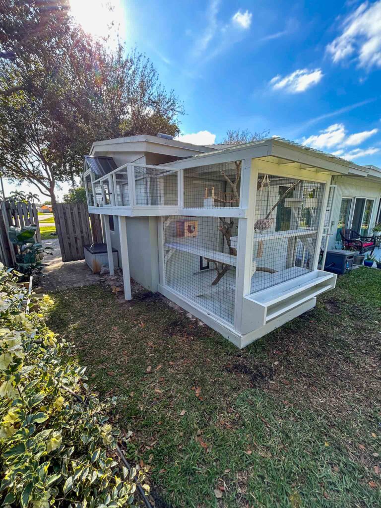 Large white custom catio with an elevated enclosed walkway attached to a modern home.