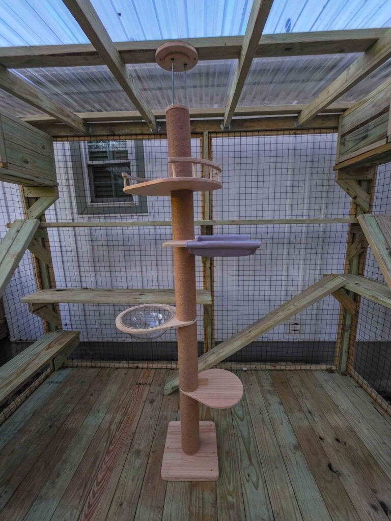 Custom catio interior featuring a floor-to-ceiling cat tower with platforms and lounging bowls inside an enclosed outdoor space in Blue Springs, Missouri.