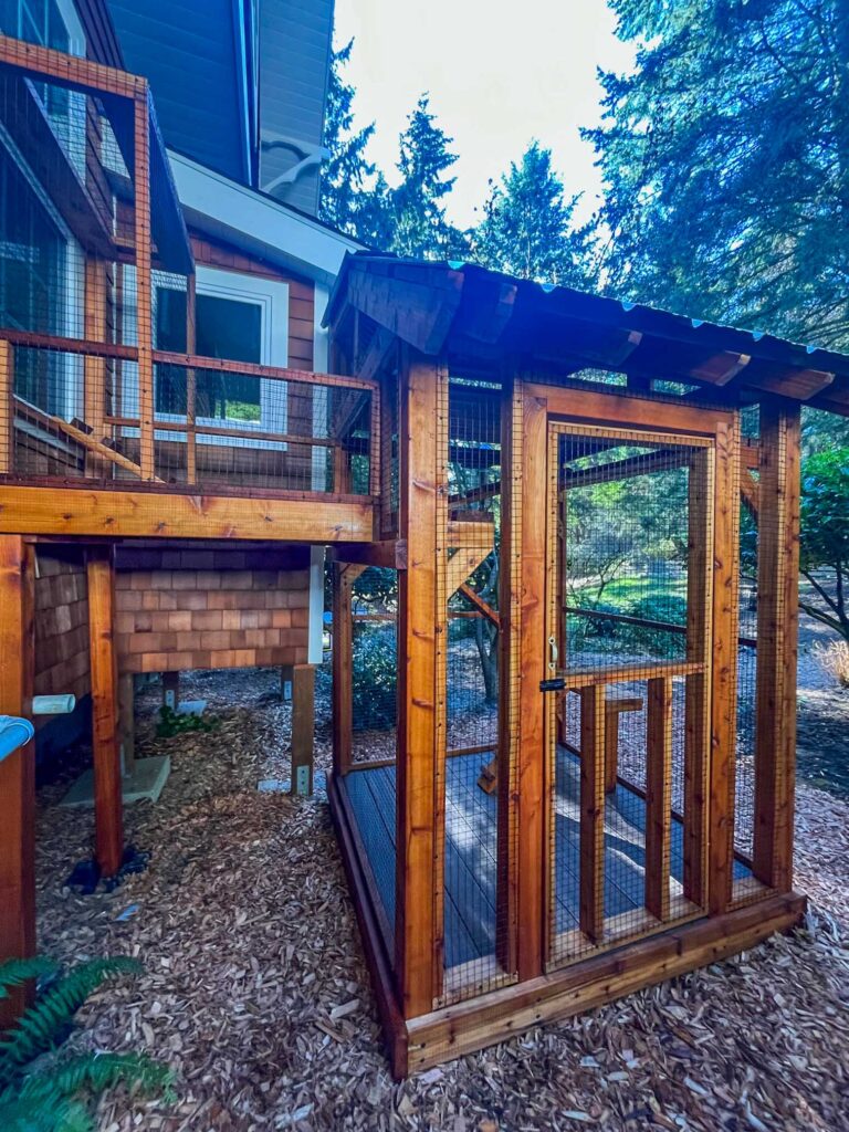 Elevated wooden custom catio with stairs and a ground-level enclosure in a wooded backyard.