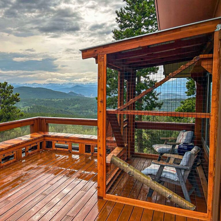 Catio built on an elevated deck overlooking a vast mountain and forest landscape, featuring wood framing, wire mesh walls, sloped roof, and interior cat shelves.